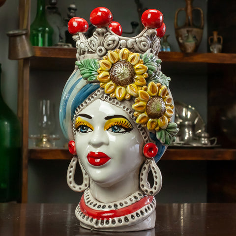 TESTE DI MORO IN CERAMICA SICILIANA DI CALTAGIRONE GIRASOLI H. 27 CM