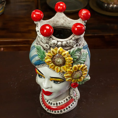 TESTE DI MORO IN CERAMICA SICILIANA DI CALTAGIRONE GIRASOLI H. 27 CM