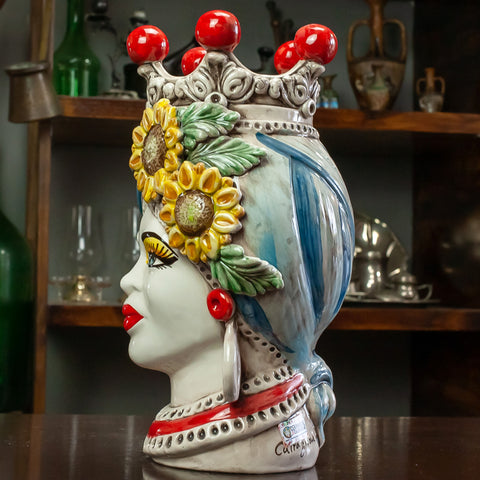 TESTE DI MORO IN CERAMICA SICILIANA DI CALTAGIRONE GIRASOLI H. 27 CM