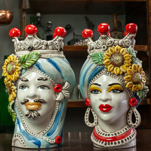 TESTE DI MORO IN CERAMICA SICILIANA DI CALTAGIRONE GIRASOLI H. 27 CM