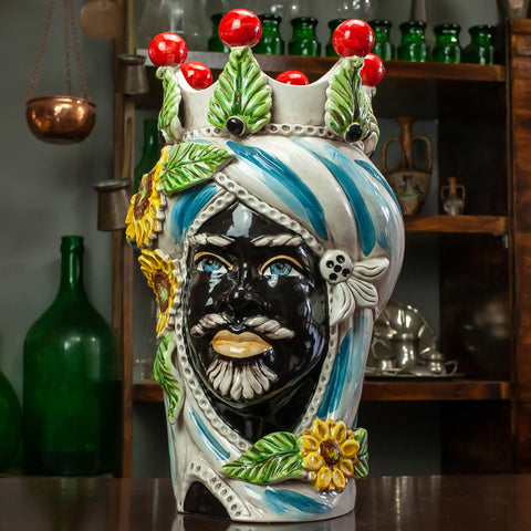 TESTE DI MORO IN CERAMICA SICILIANA DI CALTAGIRONE GIRASOLI H. 45 CM