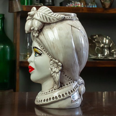 Teste di moro in ceramica siciliana Decoro Bianco Antico L. 19 X H. 27 cm