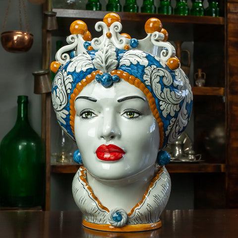TESTA DI MORO IN CERAMICA SICILIANA DI CALTAGIRONE BLU FANTASIA 42 CM