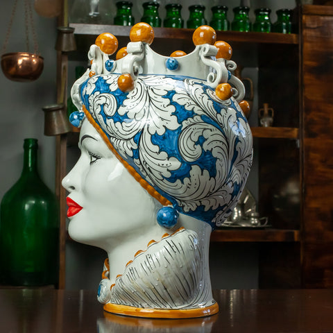 TESTA DI MORO IN CERAMICA SICILIANA DI CALTAGIRONE BLU FANTASIA 42 CM