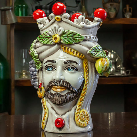 TÊTES BRUNES EN FRUITS CÉRAMIQUE CALTAGIRONE H. 28 CM