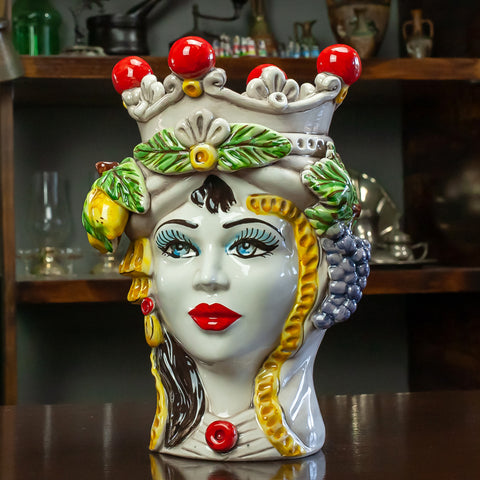 TÊTES BRUNES EN FRUITS CÉRAMIQUE CALTAGIRONE H. 28 CM