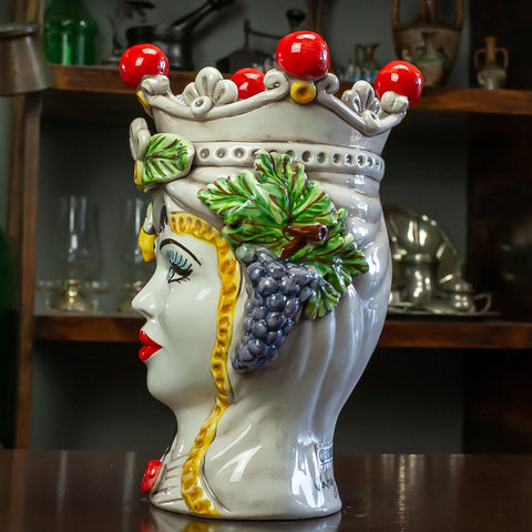 TÊTES BRUNES EN FRUITS CÉRAMIQUE CALTAGIRONE H. 28 CM