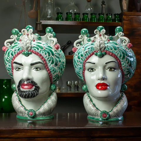 TESTA DI MORO IN CERAMICA SICILIANA DI CALTAGIRONE VERDE FANTASIA 42 CM