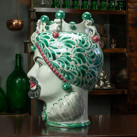 TESTA DI MORO IN CERAMICA SICILIANA DI CALTAGIRONE VERDE FANTASIA 42 CM