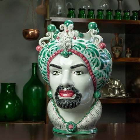 TESTA DI MORO IN CERAMICA SICILIANA DI CALTAGIRONE VERDE FANTASIA 42 CM