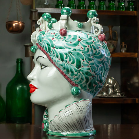 TESTA DI MORO IN CERAMICA SICILIANA DI CALTAGIRONE VERDE FANTASIA 42 CM