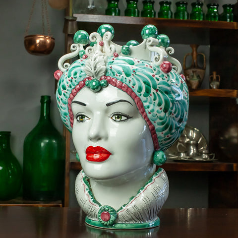 TESTA DI MORO IN CERAMICA SICILIANA DI CALTAGIRONE VERDE FANTASIA 42 CM