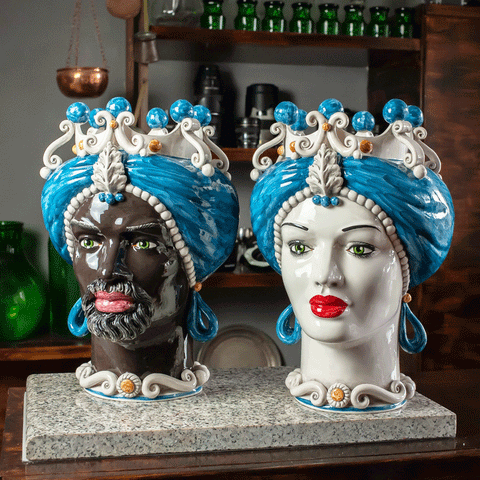 CÉRAMIQUE SICILIENNE MARRON FONCÉ CALTAGIRONE BLEU 42 CM