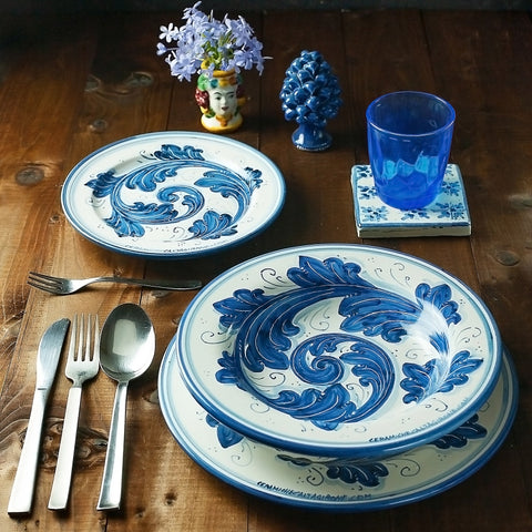 CALTAGIRONE BLUE ORNATED SICILIAN CERAMIC PLATE SET - 3 PIECES