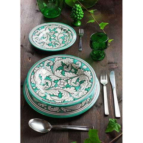SICILIAN CERAMIC CALTAGIRONE ORNATO GREEN PLATE SET - 3 PIECES