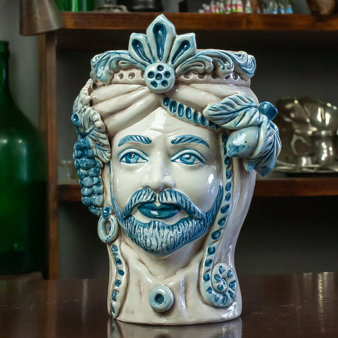 TÊTES MARRONS EN CÉRAMIQUE CALTAGIRONE BLEU ANTIQUE H. 28 CM