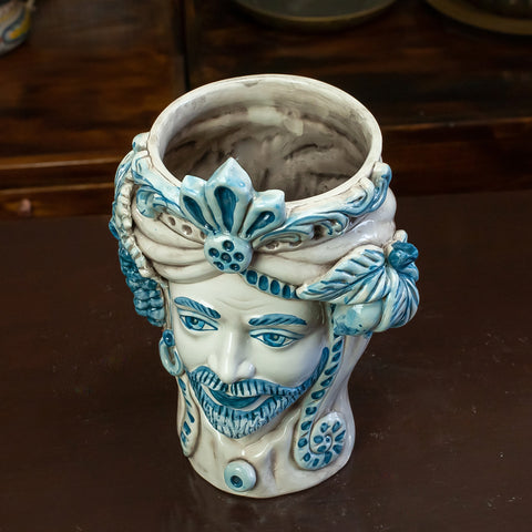 TÊTES MARRONS EN CÉRAMIQUE CALTAGIRONE BLEU ANTIQUE H. 28 CM