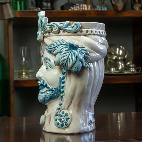 TÊTES MARRONS EN CÉRAMIQUE CALTAGIRONE BLEU ANTIQUE H. 28 CM