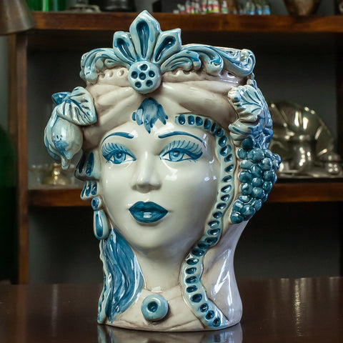 TÊTES MARRONS EN CÉRAMIQUE CALTAGIRONE BLEU ANTIQUE H. 28 CM