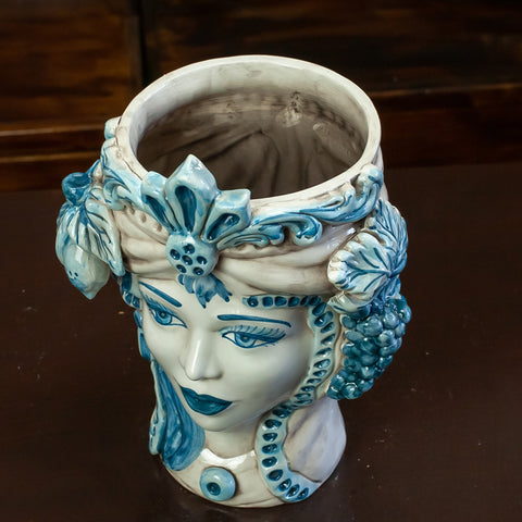 TÊTES MARRONS EN CÉRAMIQUE CALTAGIRONE BLEU ANTIQUE H. 28 CM
