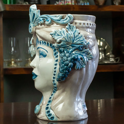 TÊTES MARRONS EN CÉRAMIQUE CALTAGIRONE BLEU ANTIQUE H. 28 CM