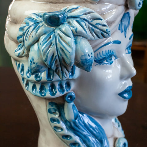 TÊTES MARRONS EN CÉRAMIQUE CALTAGIRONE BLEU ANTIQUE H. 28 CM