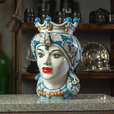 TÊTE EN CÉRAMIQUE SICILIENNE FLORAL BLEU CALTAGIRONE CM 35