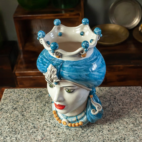 TESTA DI MORO CERAMICA SICILIANA CALTAGIRONE TURBANTE BLU CM 35