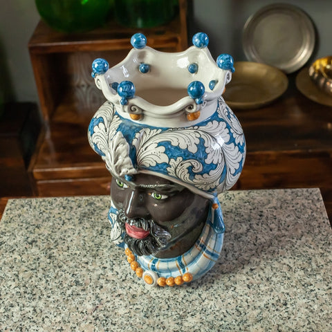 TÊTE EN CÉRAMIQUE SICILIENNE FLORAL BLEU CALTAGIRONE CM 35