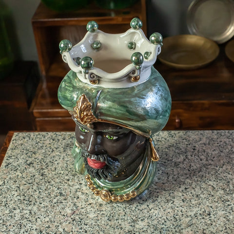 TESTA DI MORO CERAMICA SICILIANA CALTAGIRONE VERDE MADREPERLATO CM 35