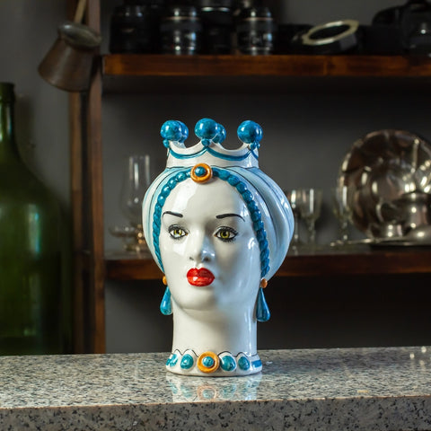 TÊTE EN CÉRAMIQUE SICILIENNE CALTAGIRONE BLEU CLAIR CM 23
