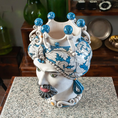 MARRÓN OSCURO CERÁMICA SICILIA CALTAGIRONE AZUL FLORAL CM 42