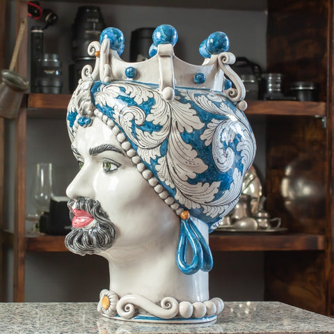 MARRÓN OSCURO CERÁMICA SICILIA CALTAGIRONE AZUL FLORAL CM 42