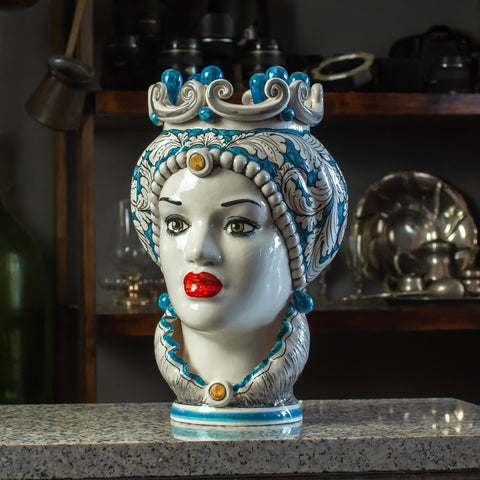 TÊTE EN CÉRAMIQUE SICILIENNE DE CALTAGIRONE BLEU CM 35