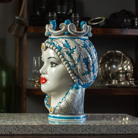 TÊTE EN CÉRAMIQUE SICILIENNE DE CALTAGIRONE BLEU CM 35