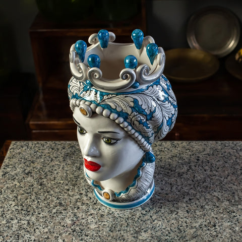TÊTE EN CÉRAMIQUE SICILIENNE DE CALTAGIRONE BLEU CM 35