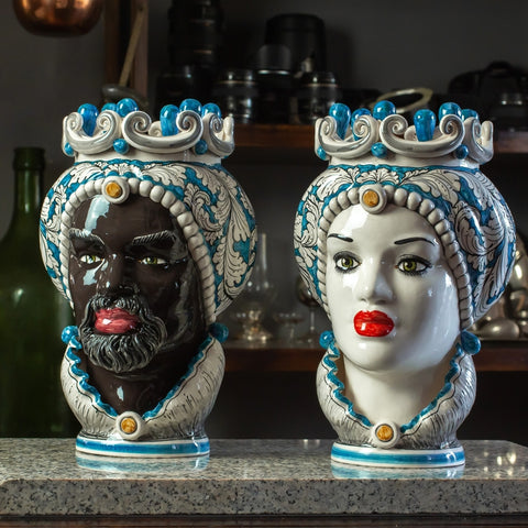 TÊTE EN CÉRAMIQUE SICILIENNE DE CALTAGIRONE BLEU CM 35