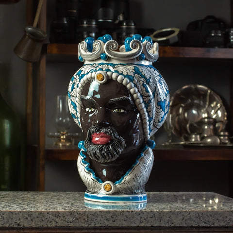 TÊTE EN CÉRAMIQUE SICILIENNE DE CALTAGIRONE BLEU CM 35