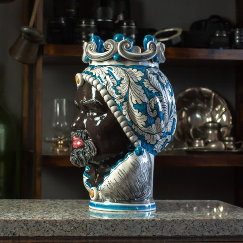 TÊTE EN CÉRAMIQUE SICILIENNE DE CALTAGIRONE BLEU CM 35