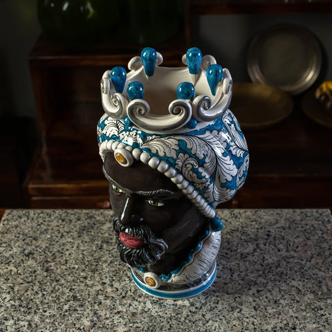 TÊTE EN CÉRAMIQUE SICILIENNE DE CALTAGIRONE BLEU CM 35