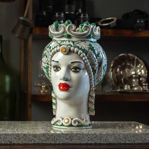 CERÁMICA SICILIANA MARRÓN OSCURO CALTAGIRONE VERDE FLORAL CM 35