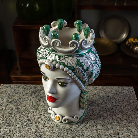 CERÁMICA SICILIANA MARRÓN OSCURO CALTAGIRONE VERDE FLORAL CM 35