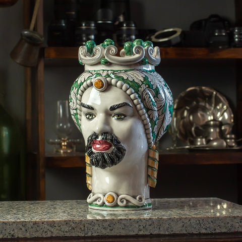 CERÁMICA SICILIANA MARRÓN OSCURO CALTAGIRONE VERDE FLORAL CM 35