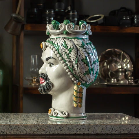 CERÁMICA SICILIANA MARRÓN OSCURO CALTAGIRONE VERDE FLORAL CM 35