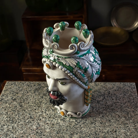 CERÁMICA SICILIANA MARRÓN OSCURO CALTAGIRONE VERDE FLORAL CM 35