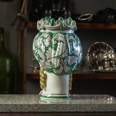 CERÁMICA SICILIANA MARRÓN OSCURO CALTAGIRONE VERDE FLORAL CM 35