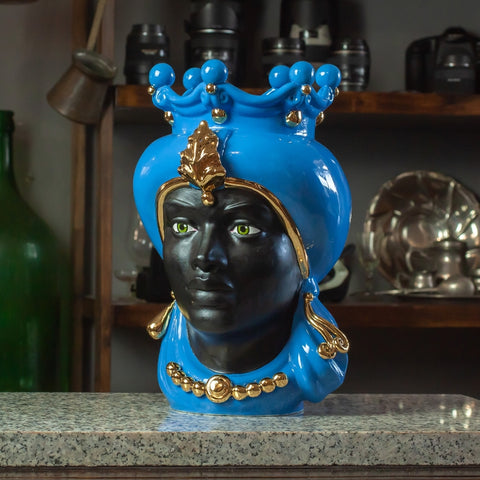 CERÁMICA SICILIANA MARRÓN OSCURO AZUL CALTAGIRONE ORO DE LUJO CM 35