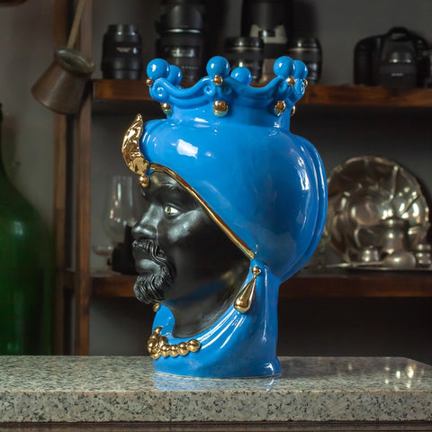 CERÁMICA SICILIANA MARRÓN OSCURO AZUL CALTAGIRONE ORO DE LUJO CM 35