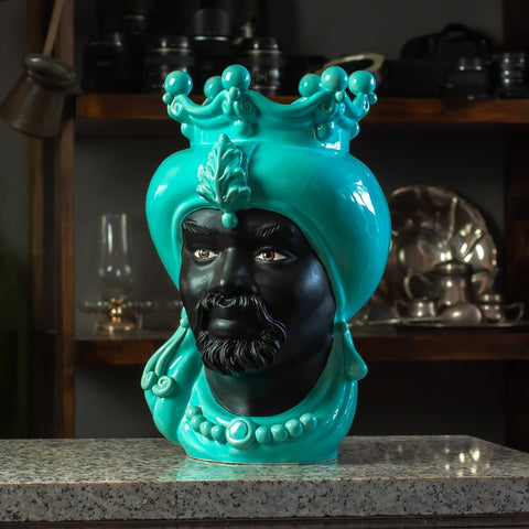 TESTA DI MORO CERAMICA SICILIANA CALTAGIRONE UOMO TURCHESE CM 35