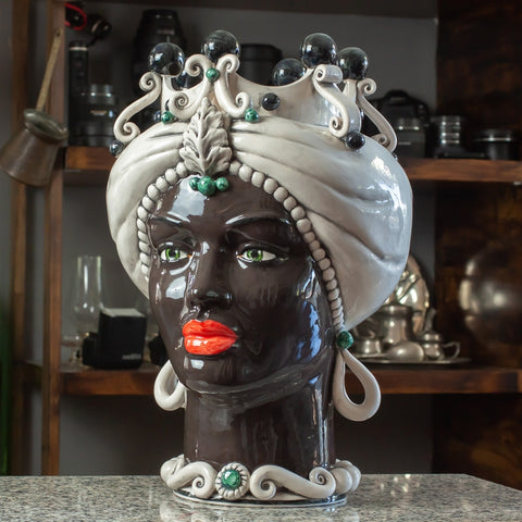CERÁMICA SICILIANA MARRÓN OSCURO CALTAGIRONE CARA BLANCO BRILLANTE ANTIGUO CM 42